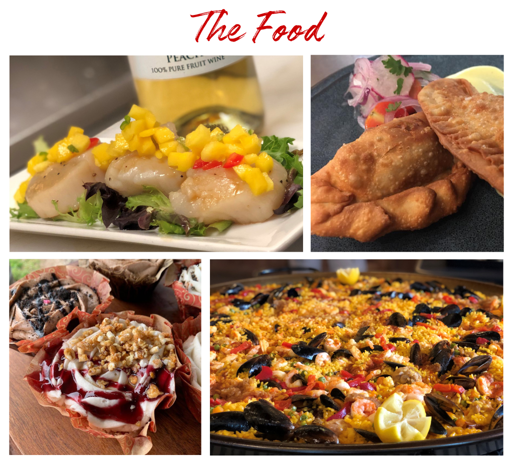 The Food. Images of Seared Scallops, Empanadas, Vegan Cupcakes and Paella.