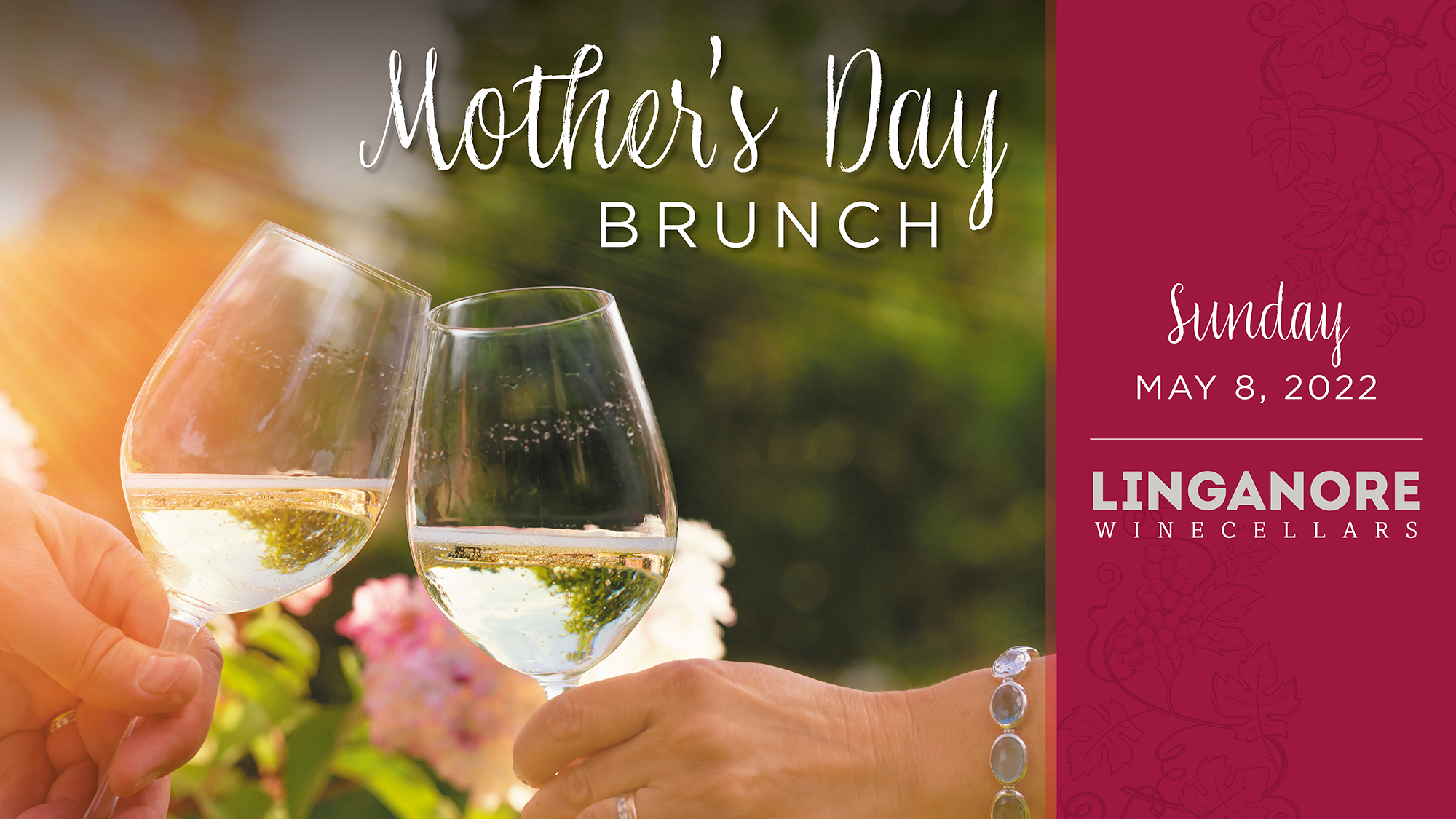 two people clinking glasses of white wine at mother's day brunch