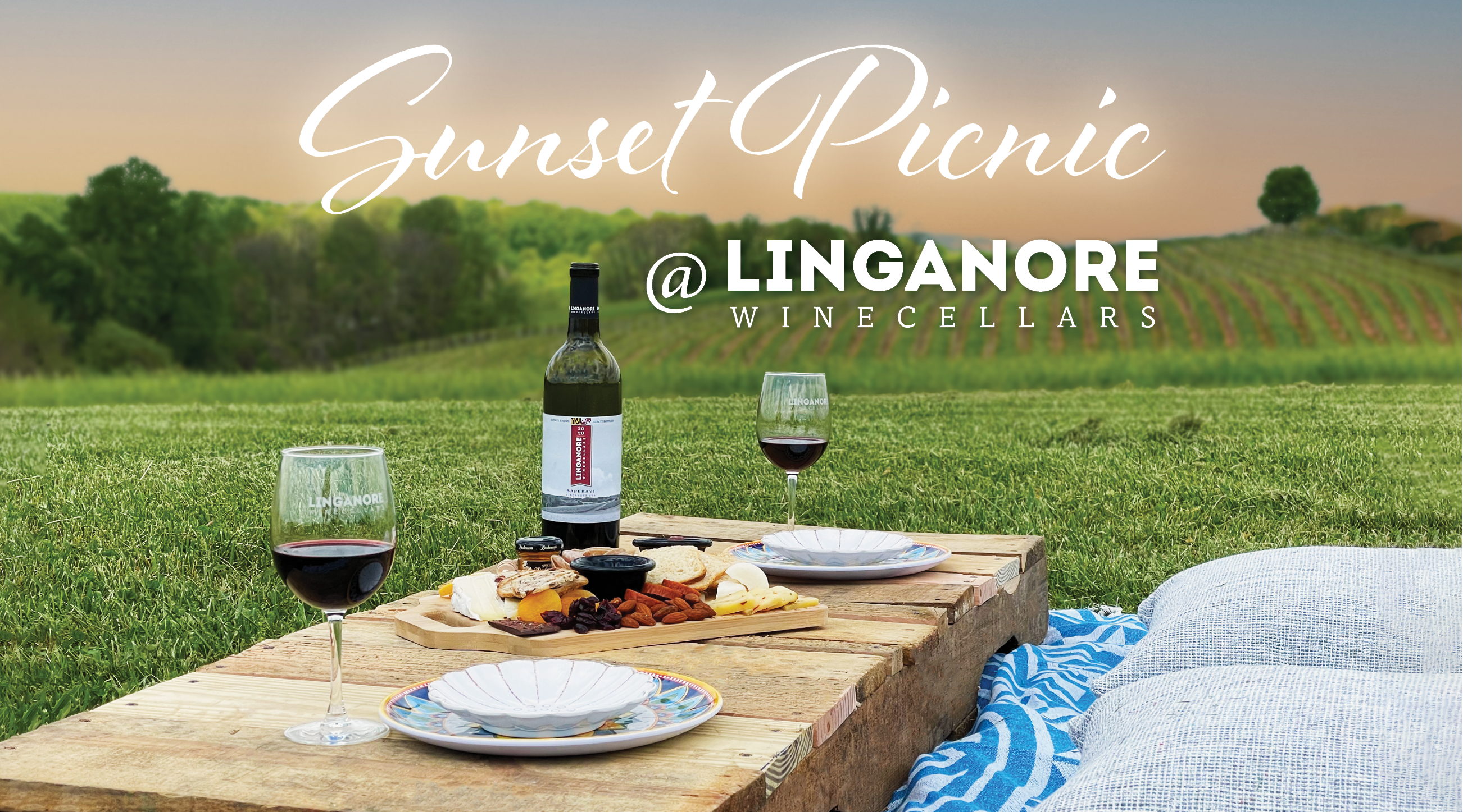 sunset picnic at linganore with red wine and charcuterie board